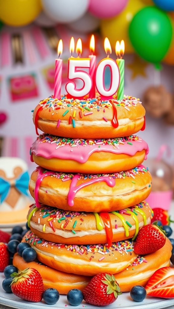 Celebratory Donut Cake for a 50th Birthday A celebratory donut cake with assorted donuts, icing, sprinkles, and fresh fruits for a 50th birthday.